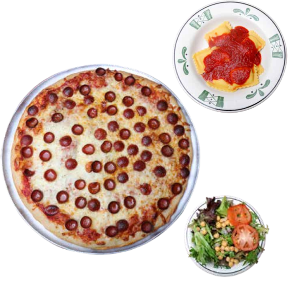 New Project (3) A pizza, salad and bowl of tomato sauce are shown.
