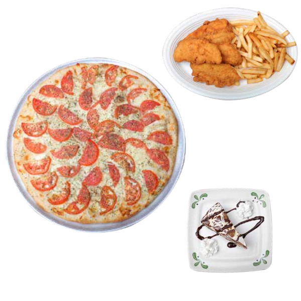 New Project (4) A pizza, chicken and fries are on the table.