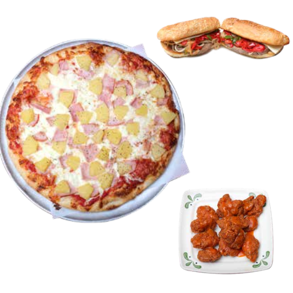 New Project (5) A pizza, hot wings and a sandwich are all on the table.